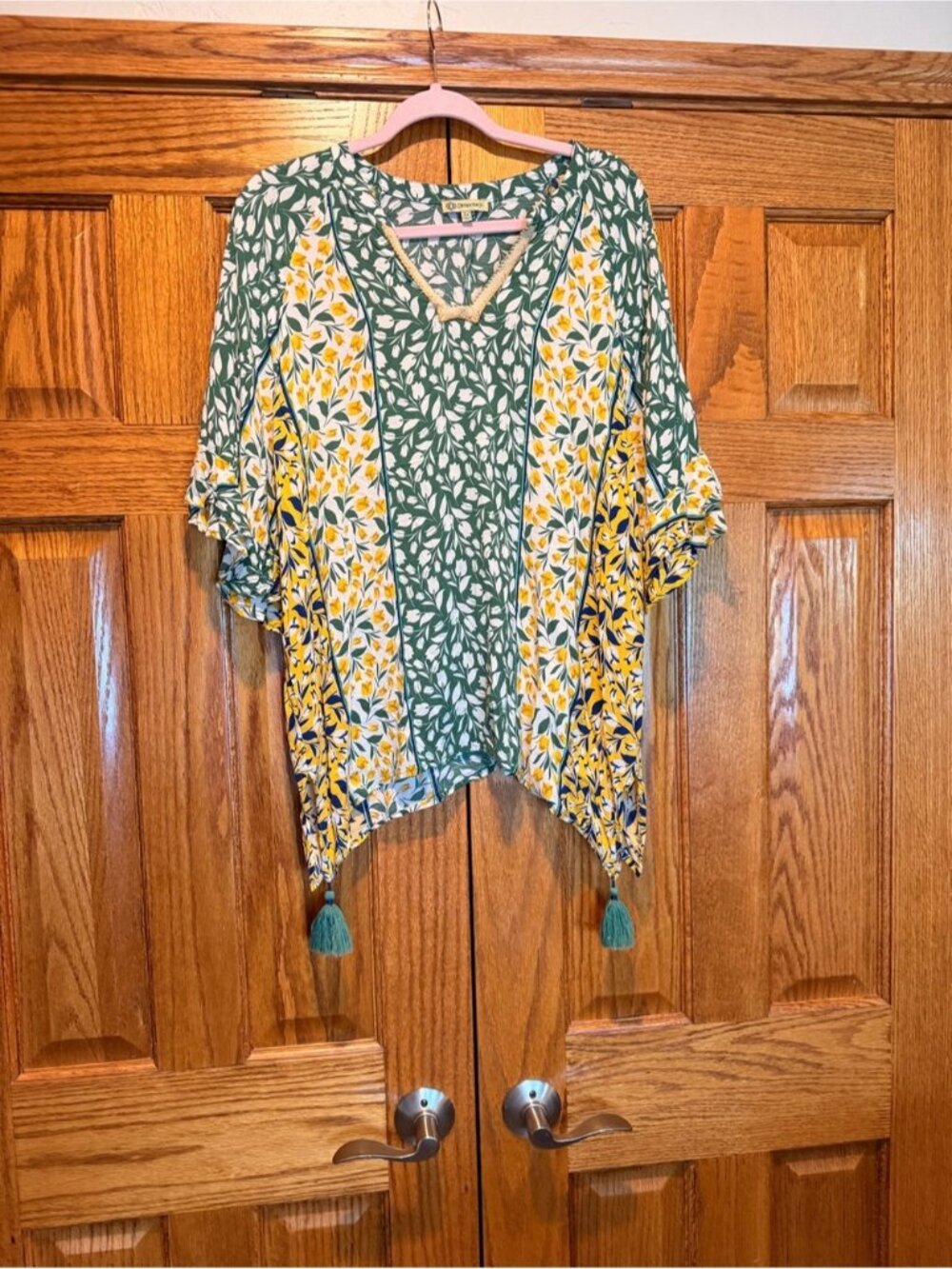 Democracy Green and Yellow Floral Kimono with Tassels